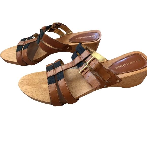 Naturalizer Brown Black Athina Sandals Wooden Slip On Heeled Shoes Size 9W - Picture 6 of 10